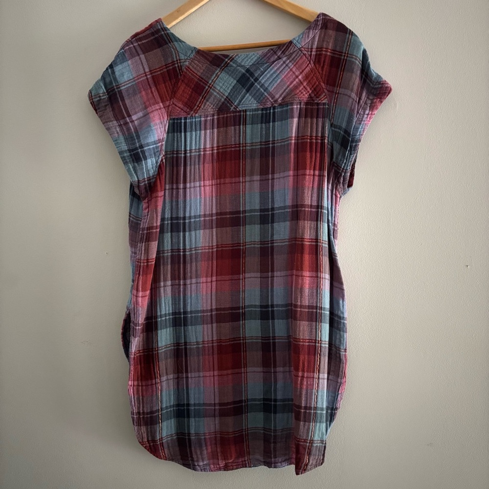 Anthropologie Akemi & Kim‎ Large Blue Red Gold Plaid Tunic Cap Sleeve Lagenlook - Picture 5 of 8